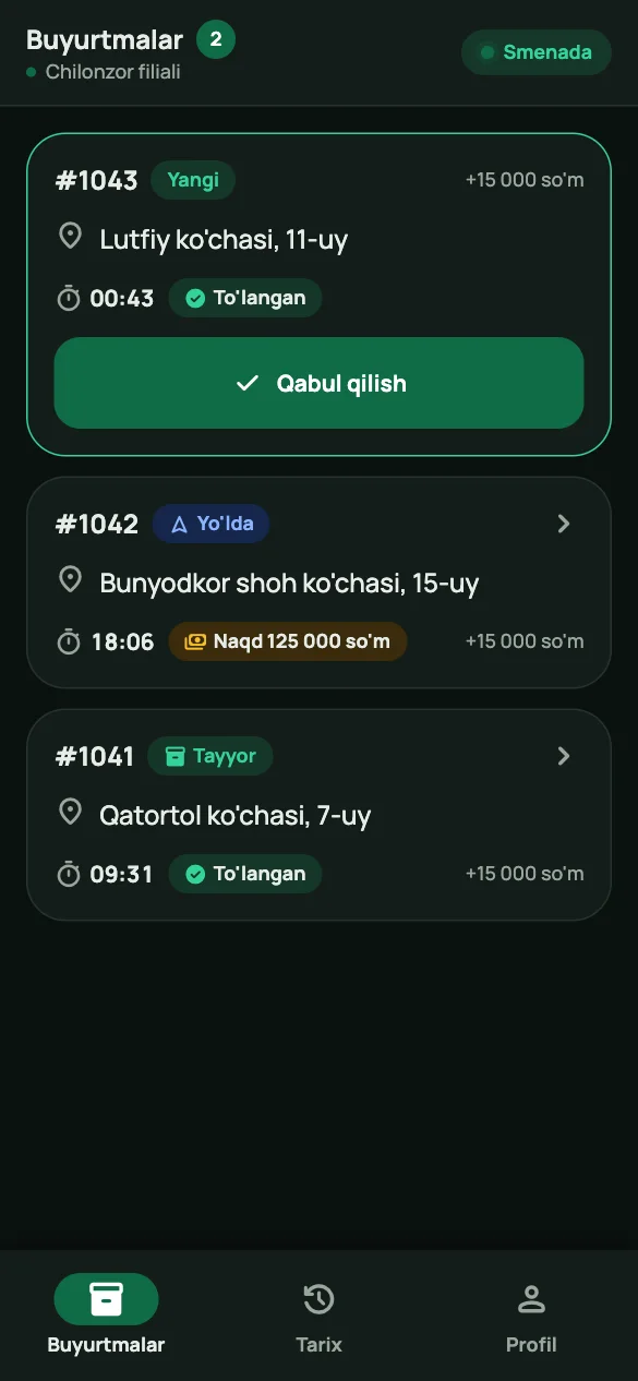 Kuryer ilovasi: bugungi buyurtmalar ro'yxati