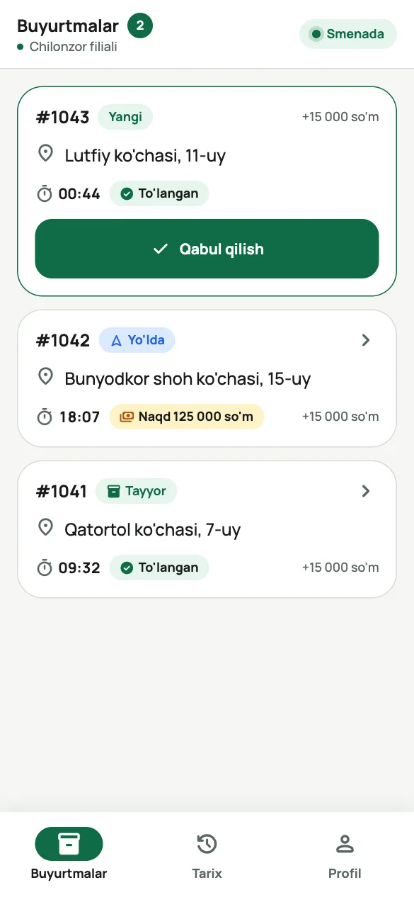 Kuryer ilovasi: bugungi buyurtmalar ro'yxati