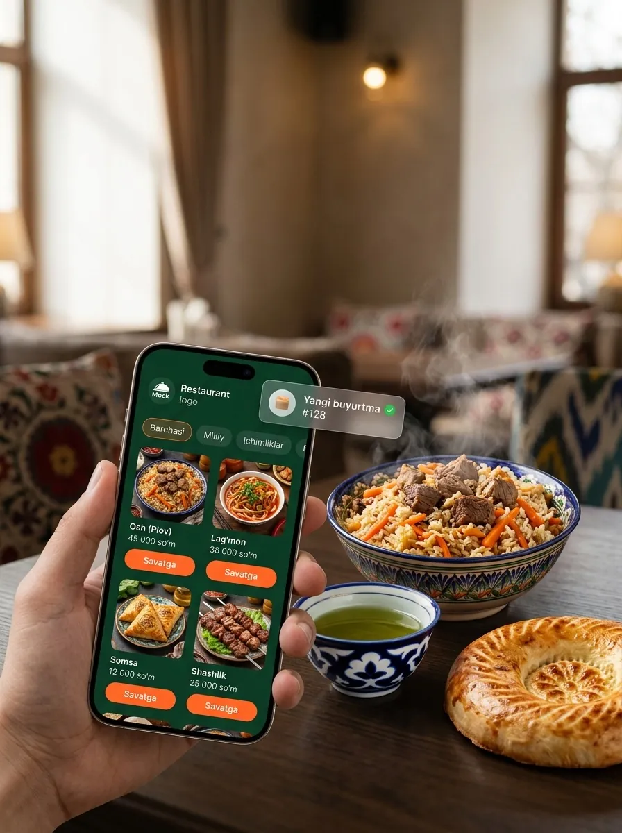 Kafeda Telegram mini-ilovasi ochilgan telefon